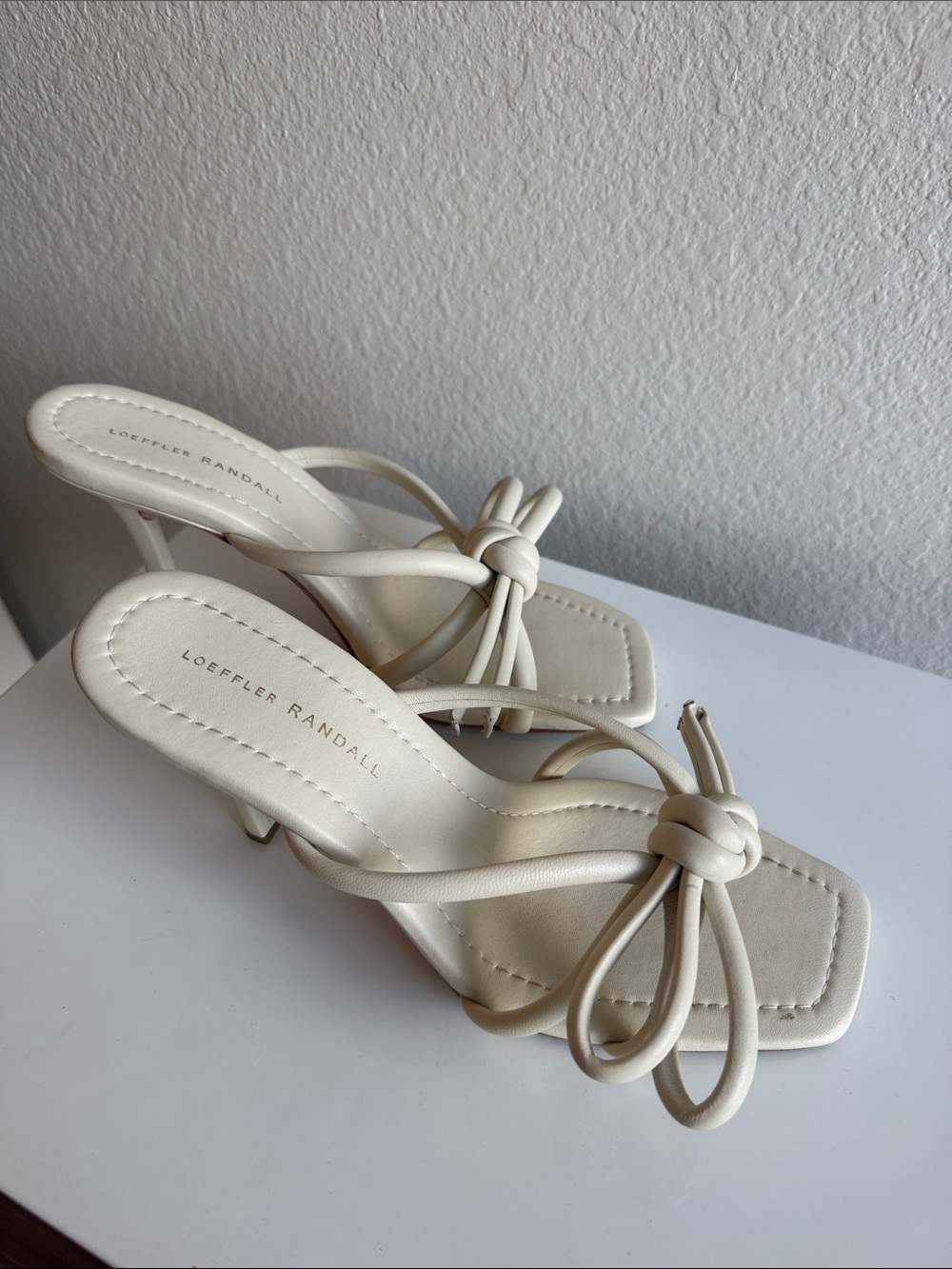 Loeffler Randall Cream Knot Strap Mid-Heel Sandals